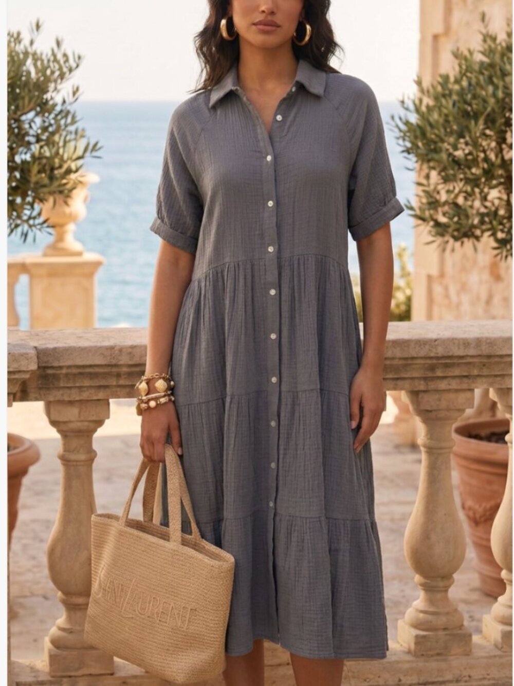 NWT R.Vivimos Women's Linen Button Down Shirt Dress Short Sleeve Gray Size XL
